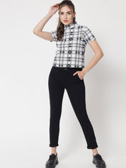 Kotty Women Checked Printed High Neck Short Sleeves Casual Top