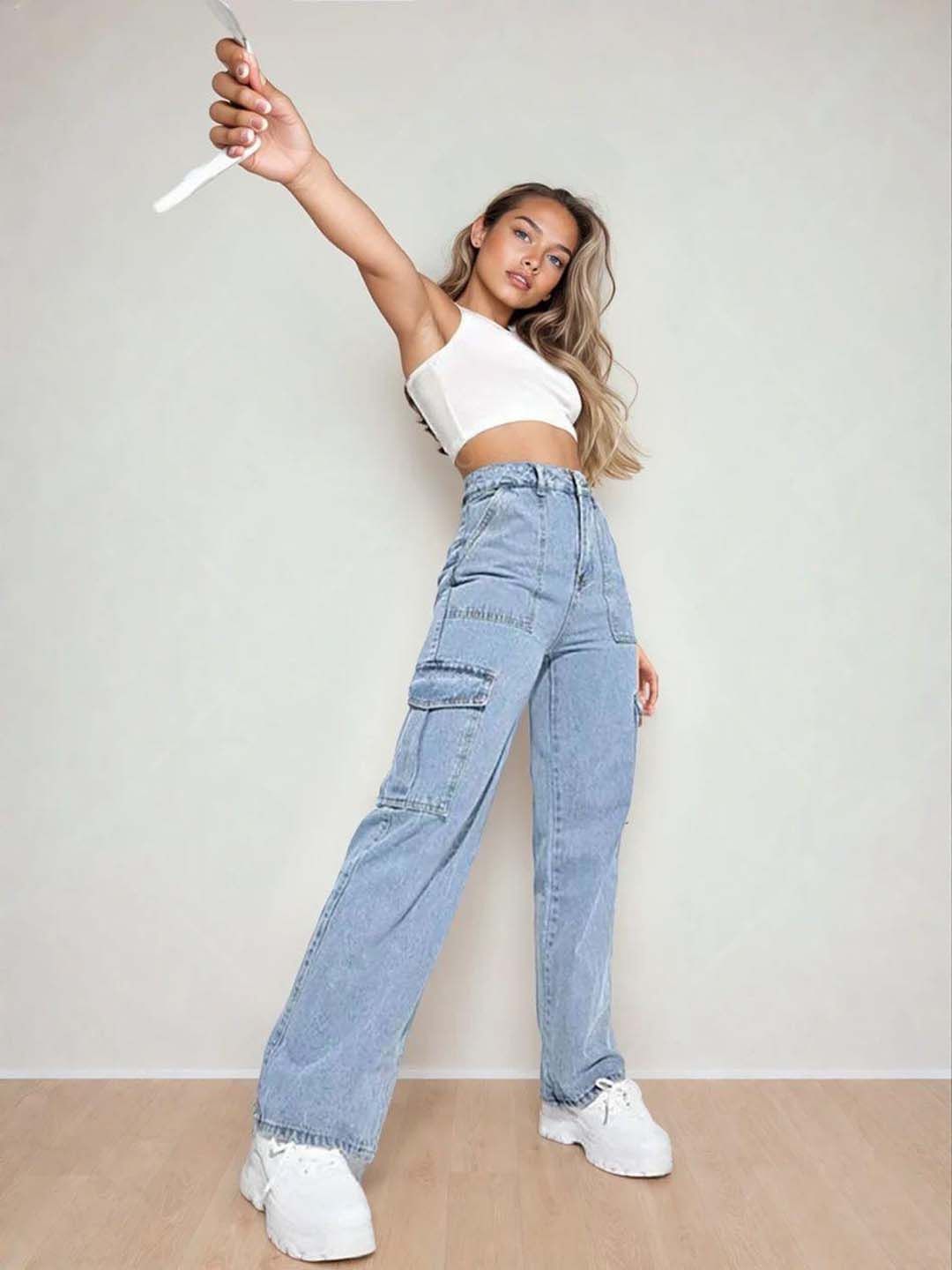 Kotty Women Regular Fit High-Rise Stretchable Cotton Cargo Jeans