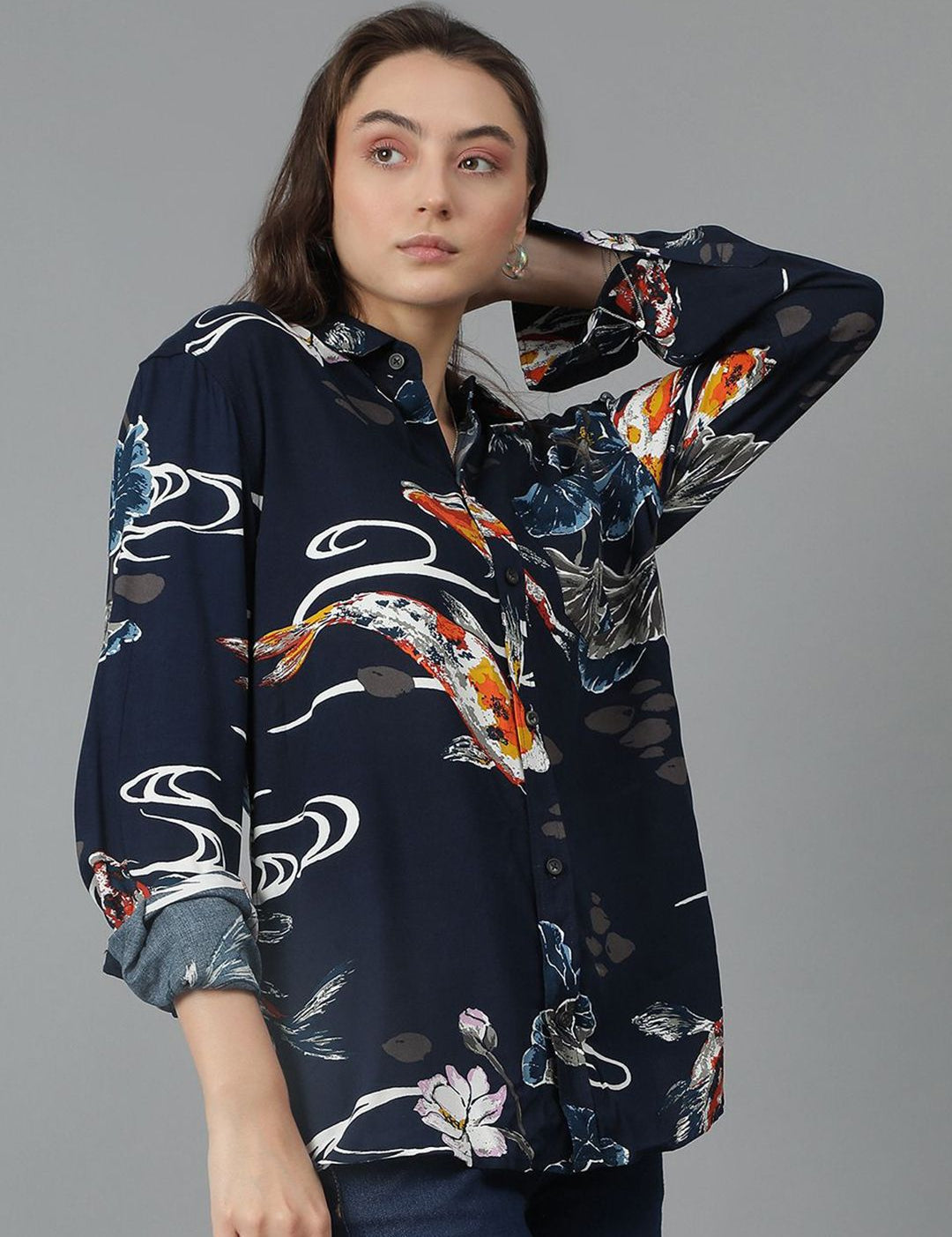 Kotty Women Spread Collar Abstract Printed Cotton Oversized Casual Shirt