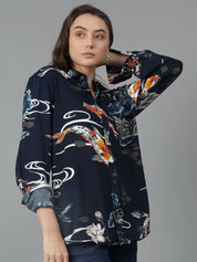 Kotty Women Spread Collar Abstract Printed Cotton Oversized Casual Shirt