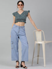 Kotty Floral Print Flutter Sleeve Crepe Crop Top
