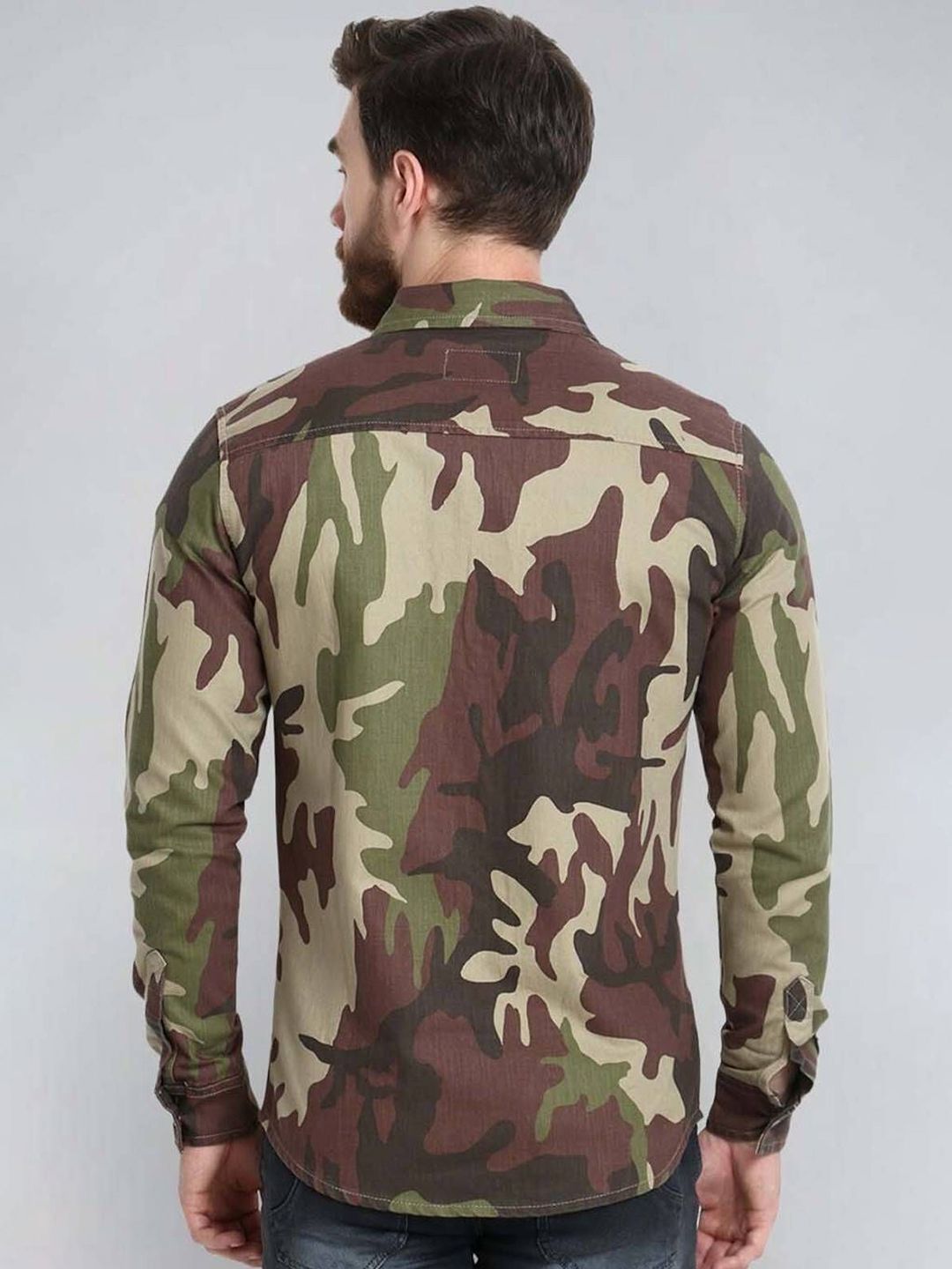 Kotty Men Spread Collar Camouflage Printed Denim Cotton Jacket