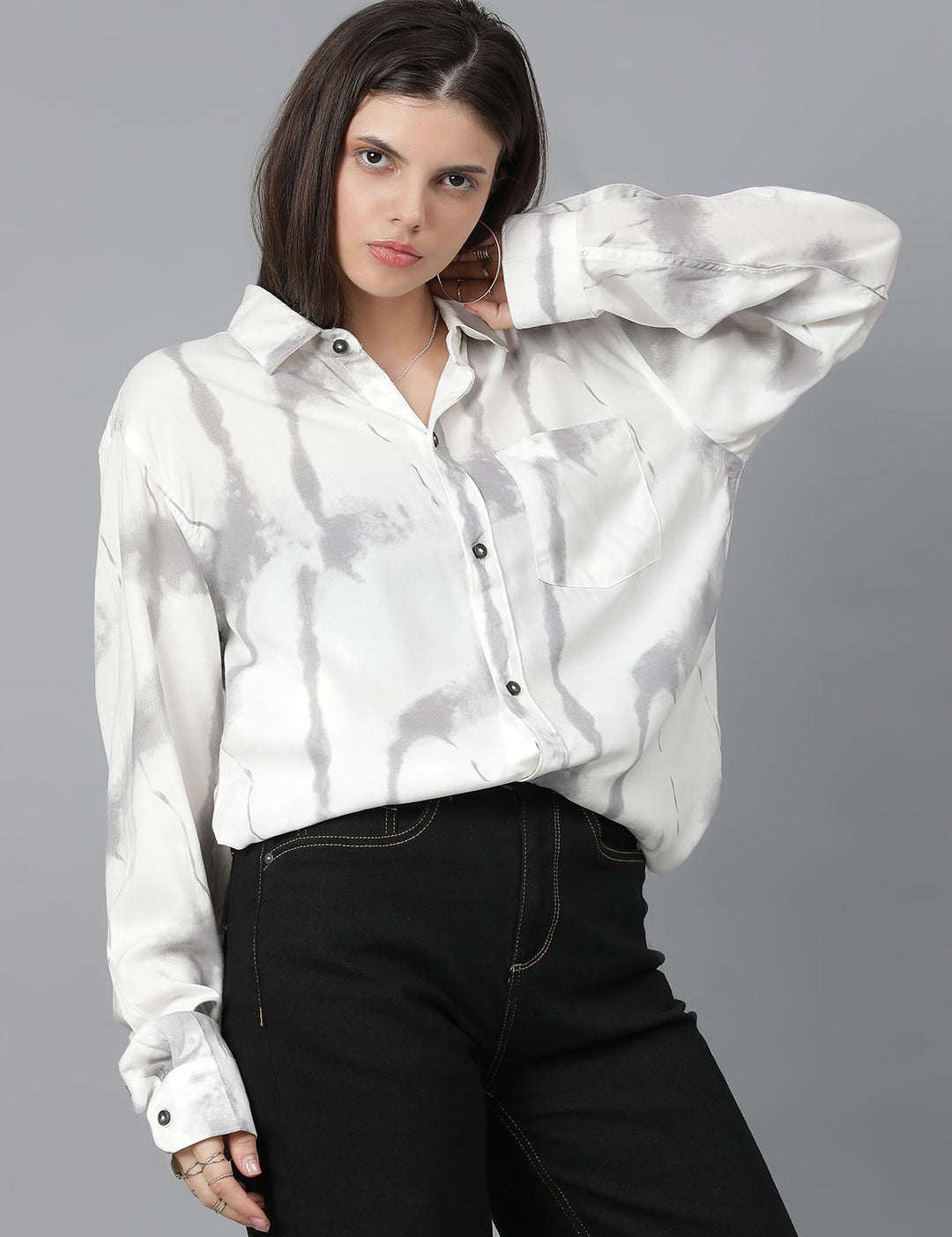 Kotty Women Spread Collar Abstract Printed Cotton Oversized Casual Shirt