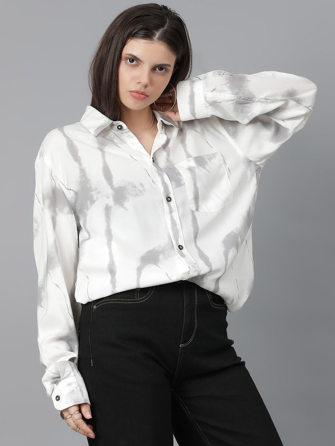 Kotty Women Spread Collar Abstract Printed Cotton Oversized Casual Shirt