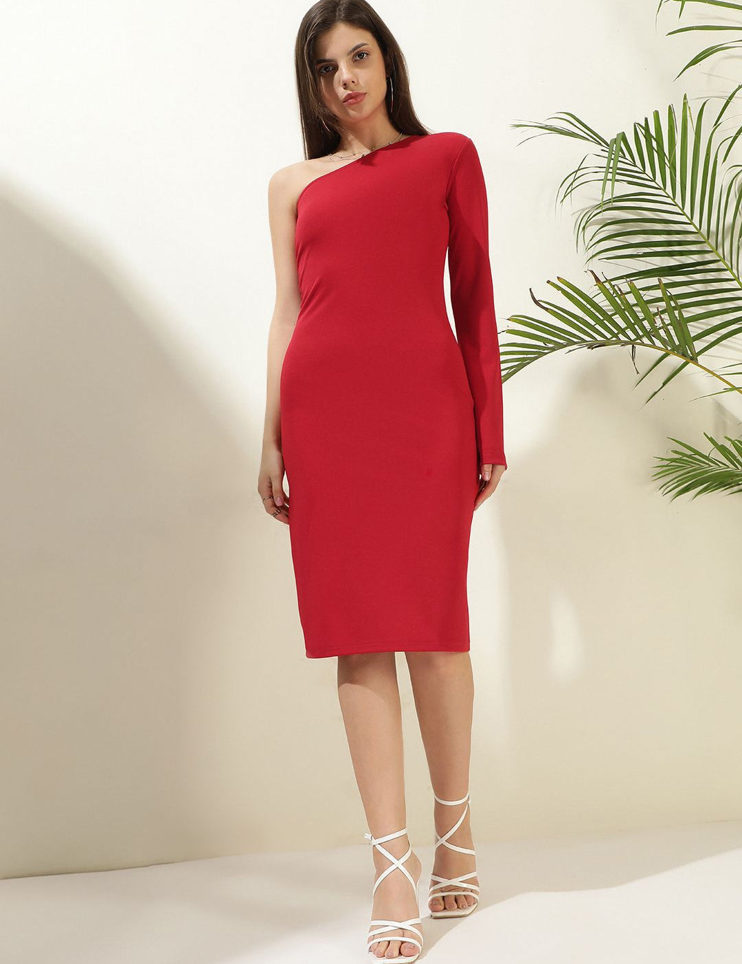 Kotty Women Solid One Shoulder Bodycon Knee Length Sheath Dress