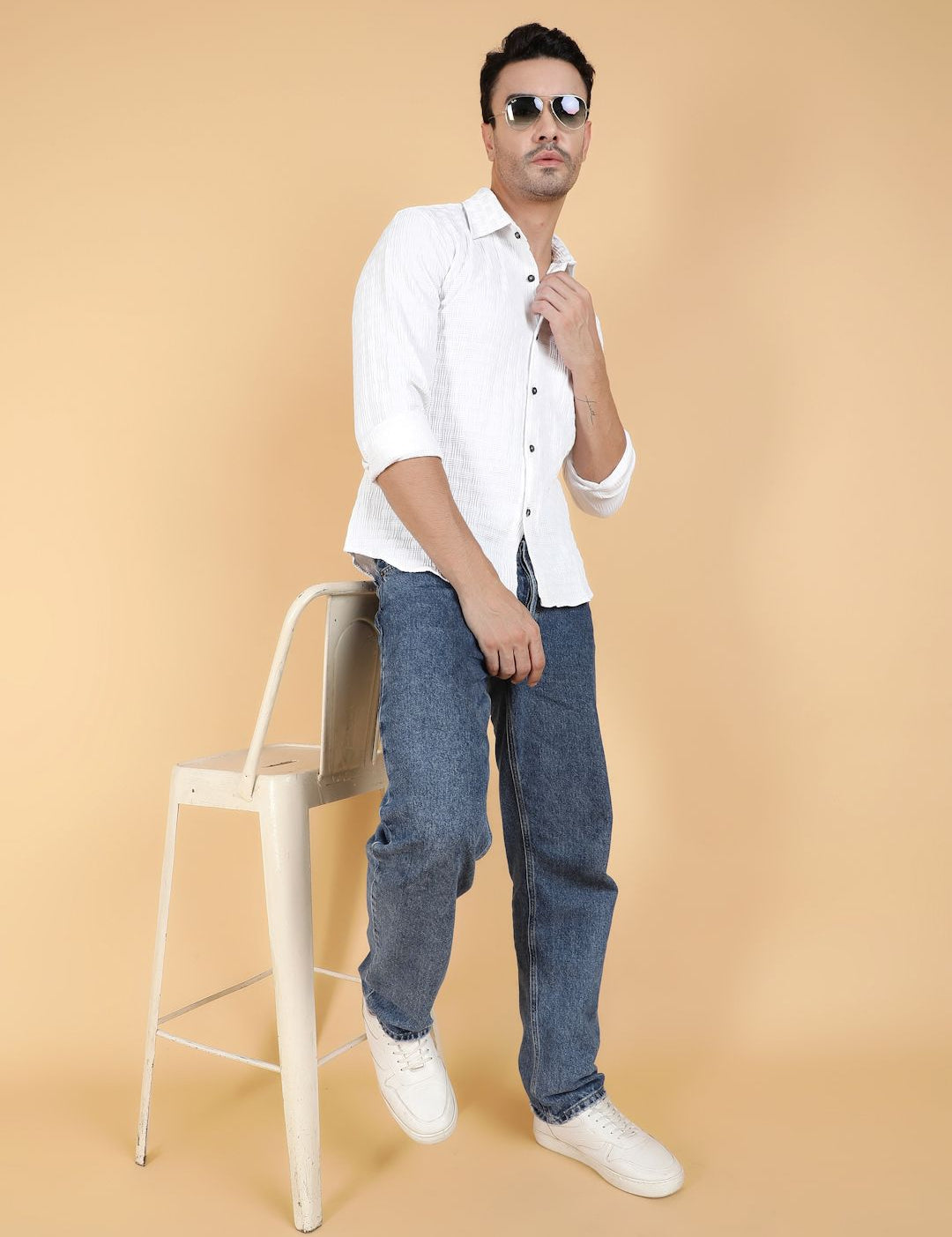 Kotty Men Relaxed Spread Collar Textured Cotton Casual Shirt