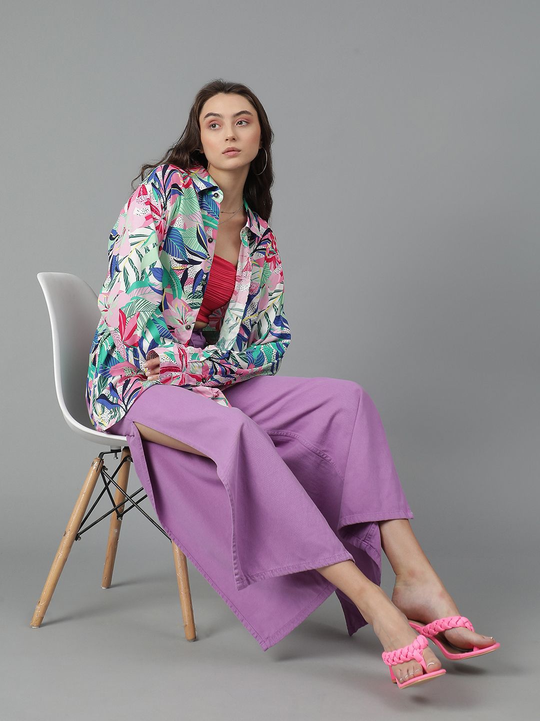 Kotty Women Spread Collar Floral Printed Cotton Oversized Casual Shirt