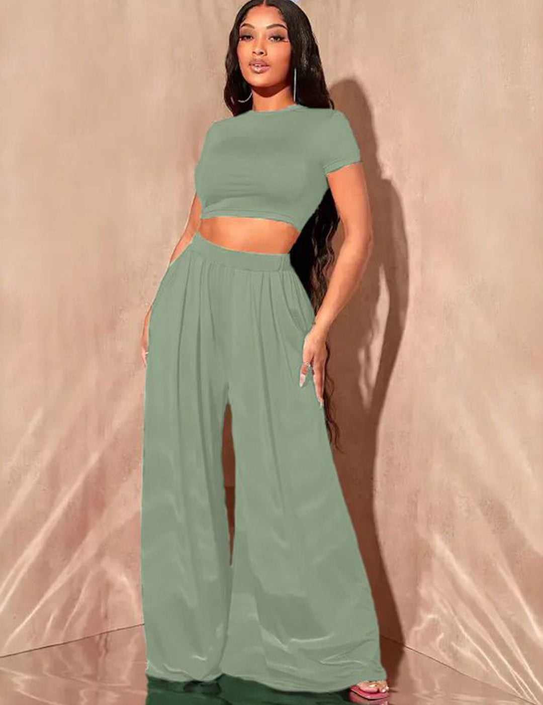 Kotty Round Neck Crop Top With Wide-Leg Trousers Co-Ords