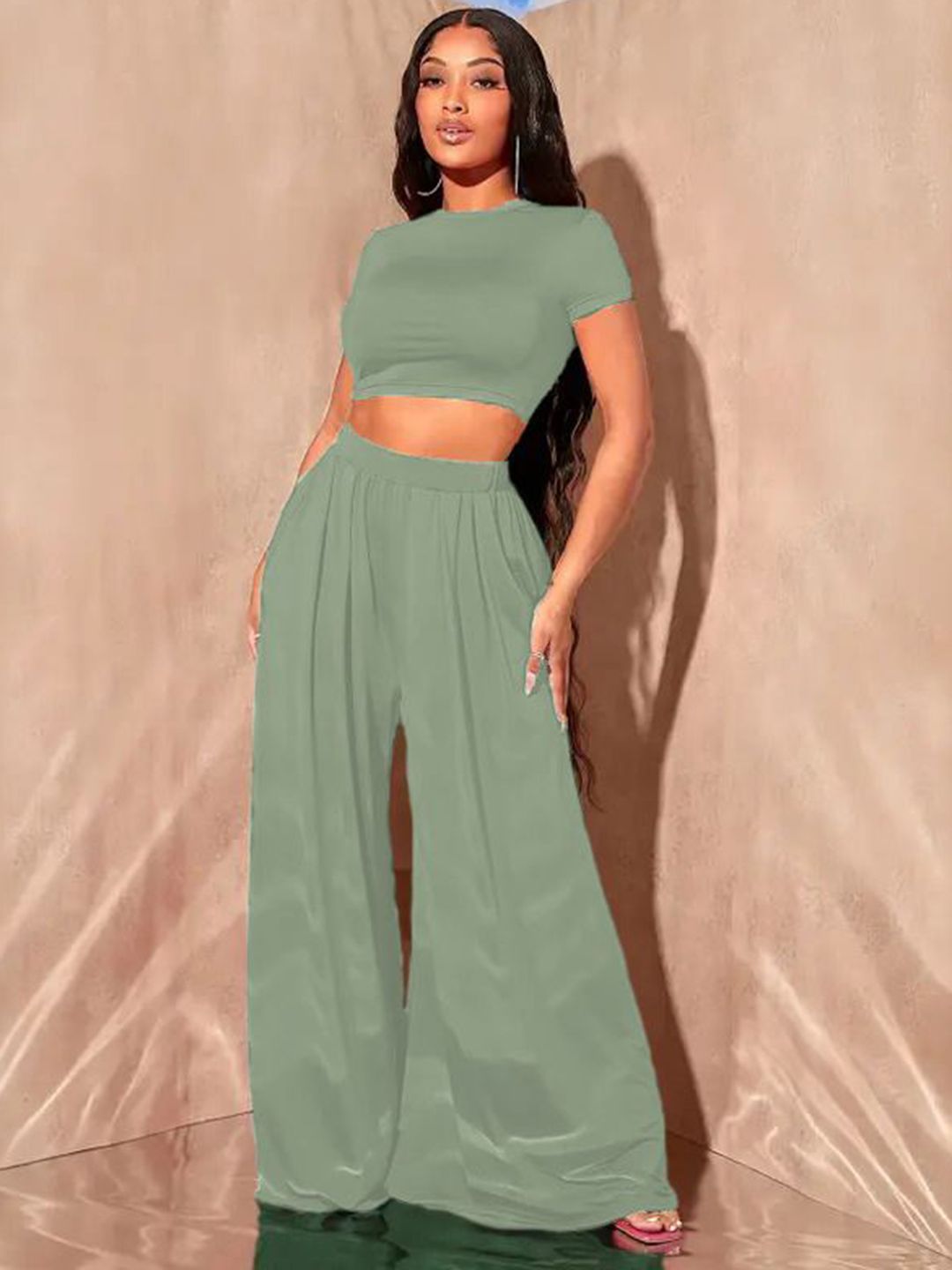 Kotty Round Neck Crop Top With Wide-Leg Trousers Co-Ords