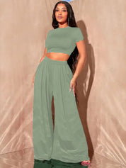 Kotty Round Neck Crop Top With Wide-Leg Trousers Co-Ords