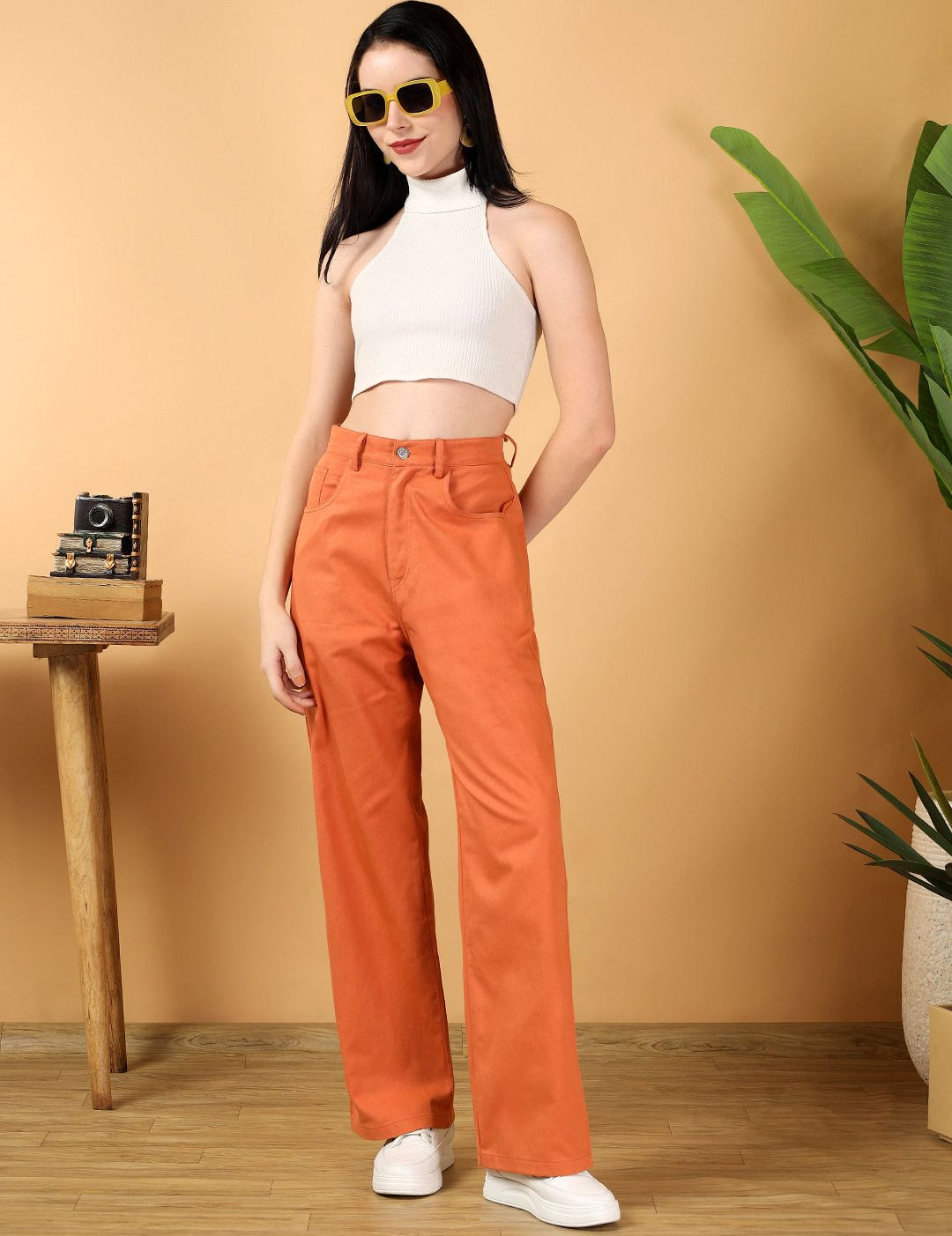 Kotty Women Solid Orange High-Waist Straight fit Easy Wash Trousers