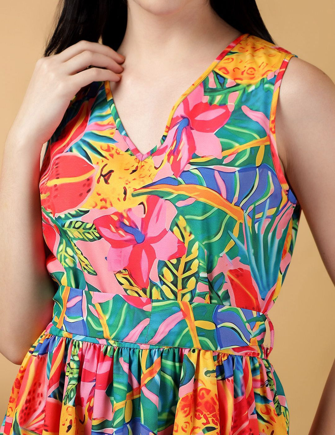 Kotty Women Print V Neck Sleeveless Above Knee Fit & Flare Dress