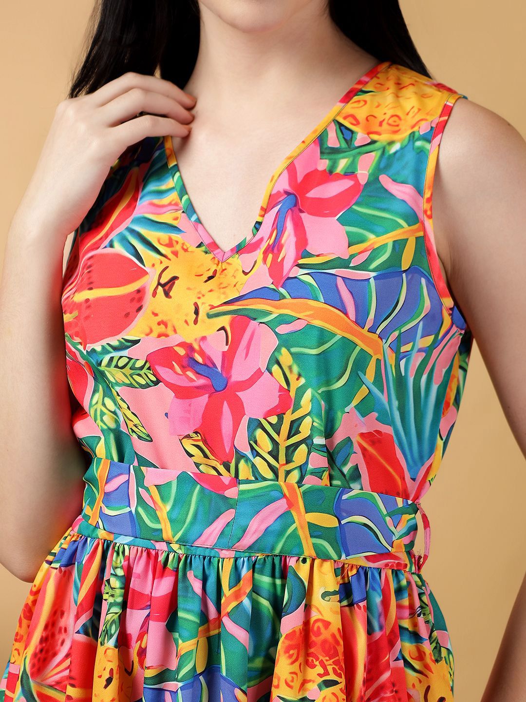 Kotty Women Print V Neck Sleeveless Above Knee Fit & Flare Dress