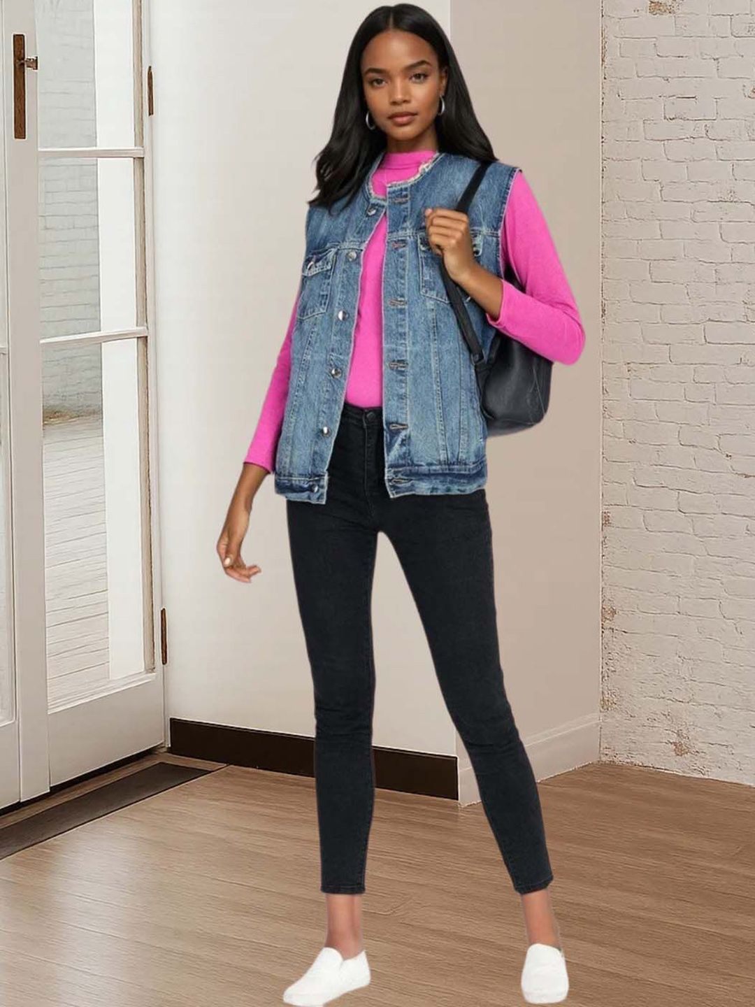 Kotty Women Collarless Solid Denim Jacket