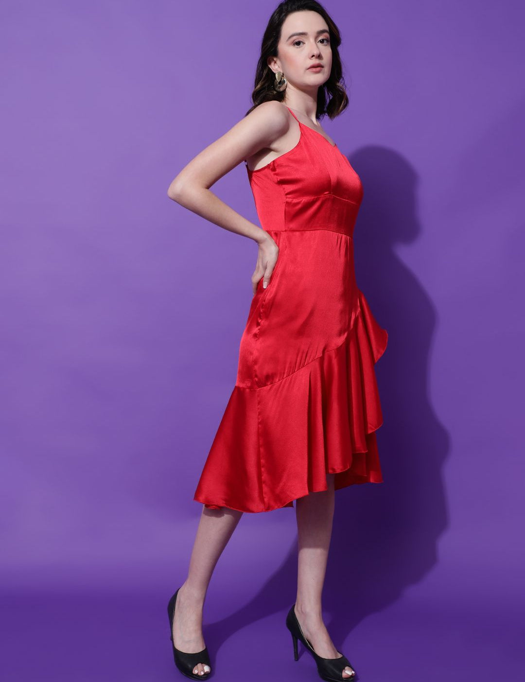 Kotty Women Solid Shoulder Straps Fit & Flare Midi Dress