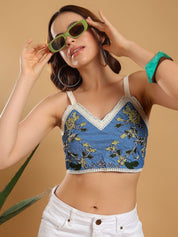 Kotty Women Floral Embroidered V-Neck Smocking Crop Top