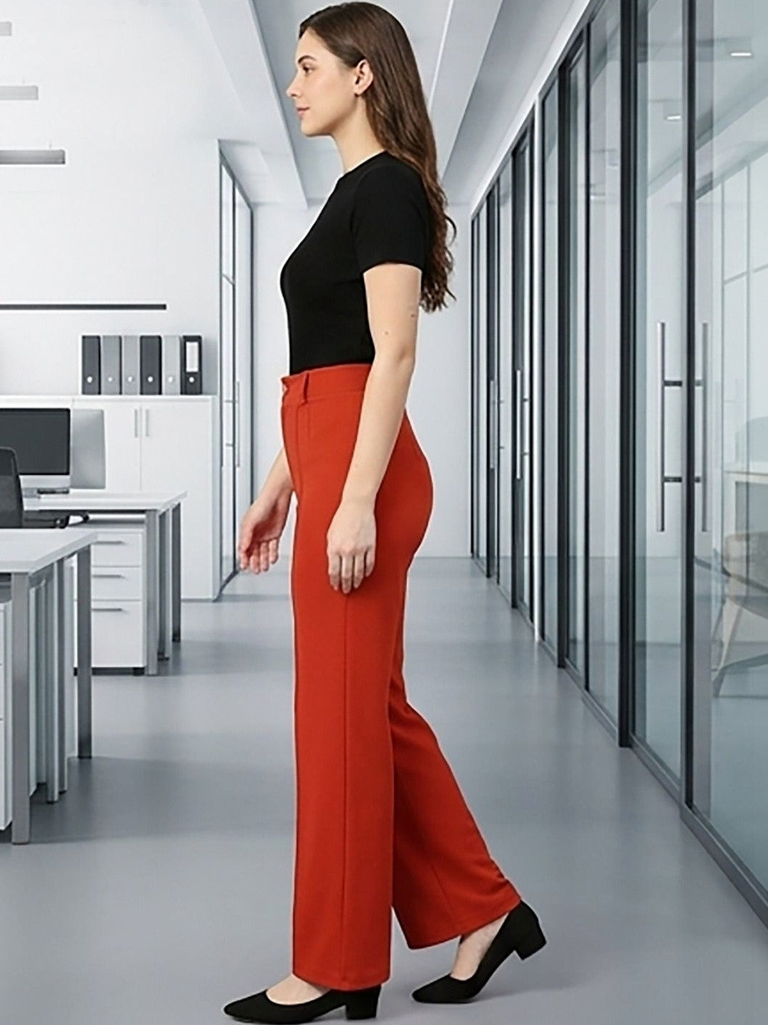 Red Regular Fit High-Rise Trousers for Women – Chic Solid Design | Kotty
