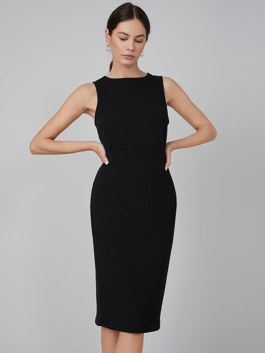 Kotty Black Boat Neck Straight Midi Bodycon Dress