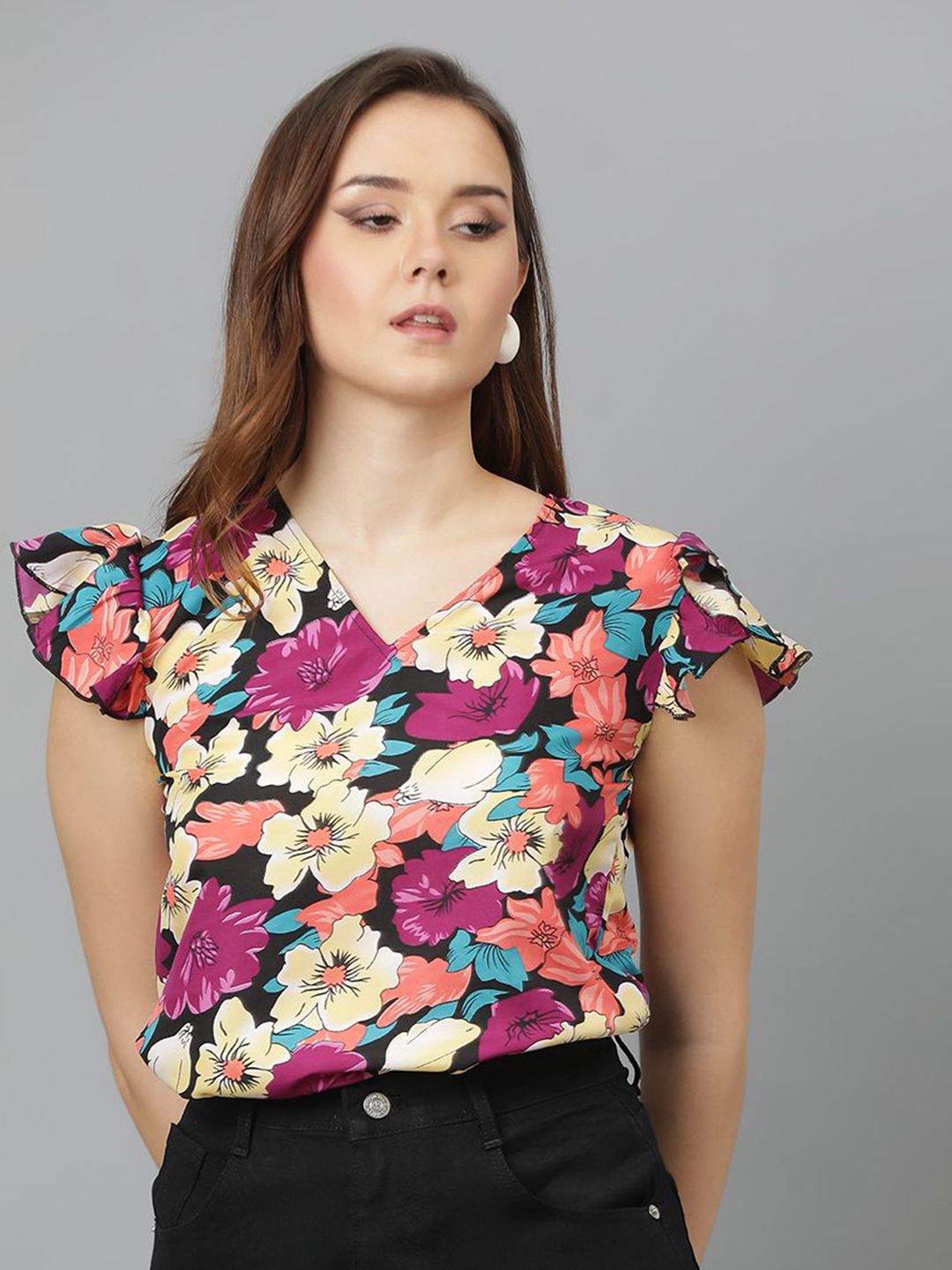 Kotty Floral Print Flutter Sleeve Crepe Wrap Top