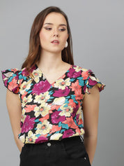Kotty Floral Print Flutter Sleeve Crepe Wrap Top