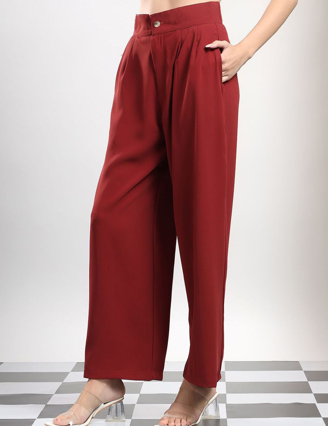 Kotty Women Cherry Red Original High-Rise Easy Wash Pleated Wide Leg Parallel Trousers