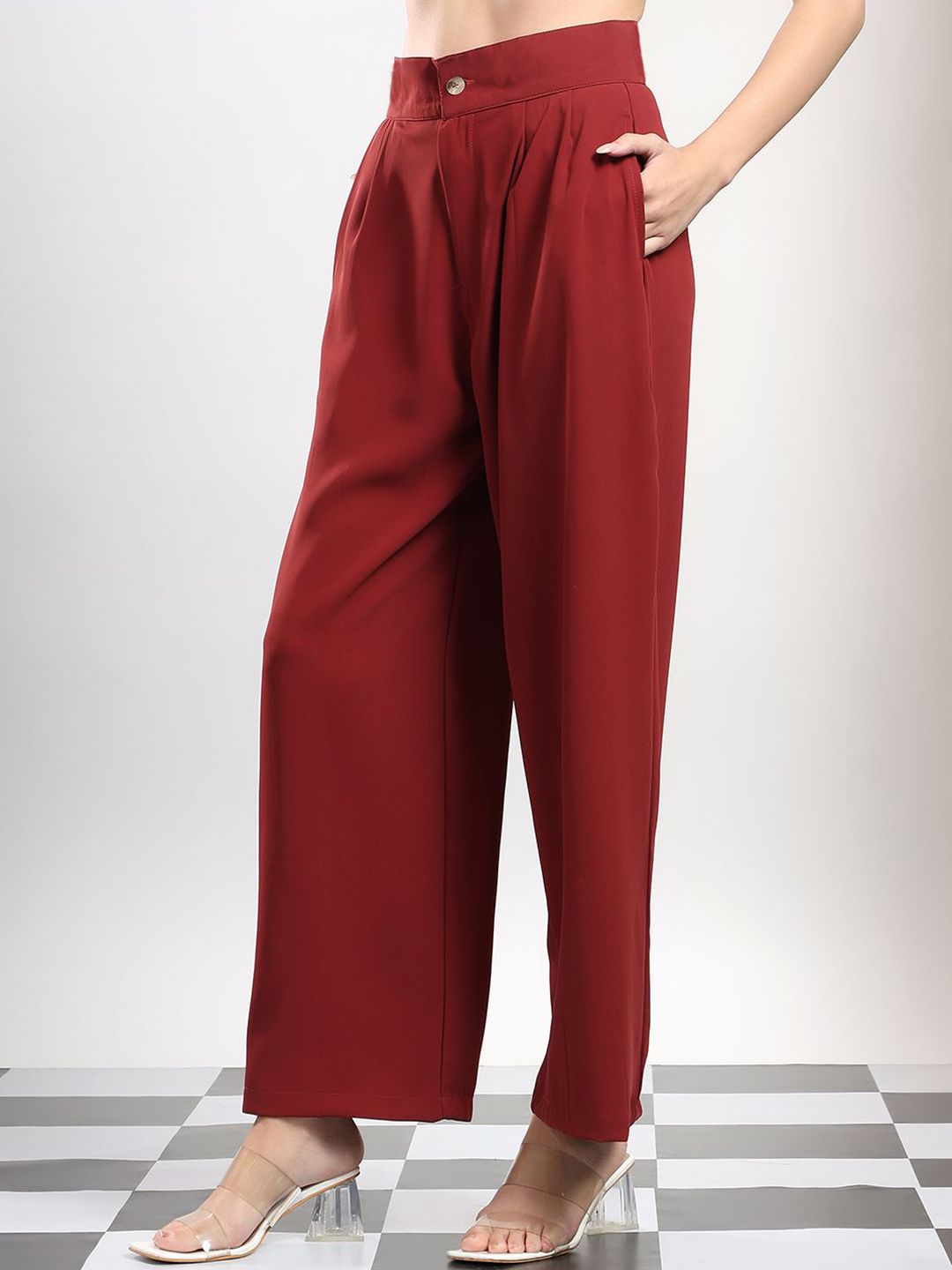 Kotty Women Cherry Red Original High-Rise Easy Wash Pleated Wide Leg Parallel Trousers