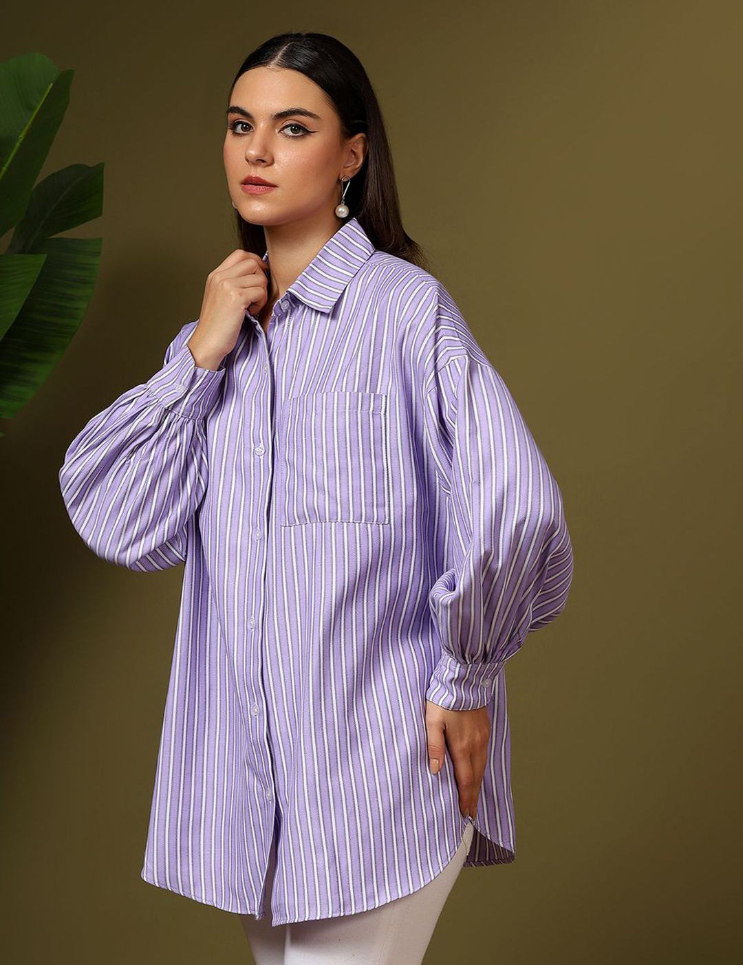 Kotty Women Oversized Fit Spread Collar Vertical Striped Cotton Casual Shirt