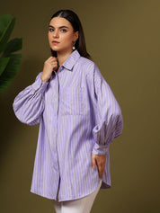 Kotty Women Oversized Fit Spread Collar Vertical Striped Cotton Casual Shirt