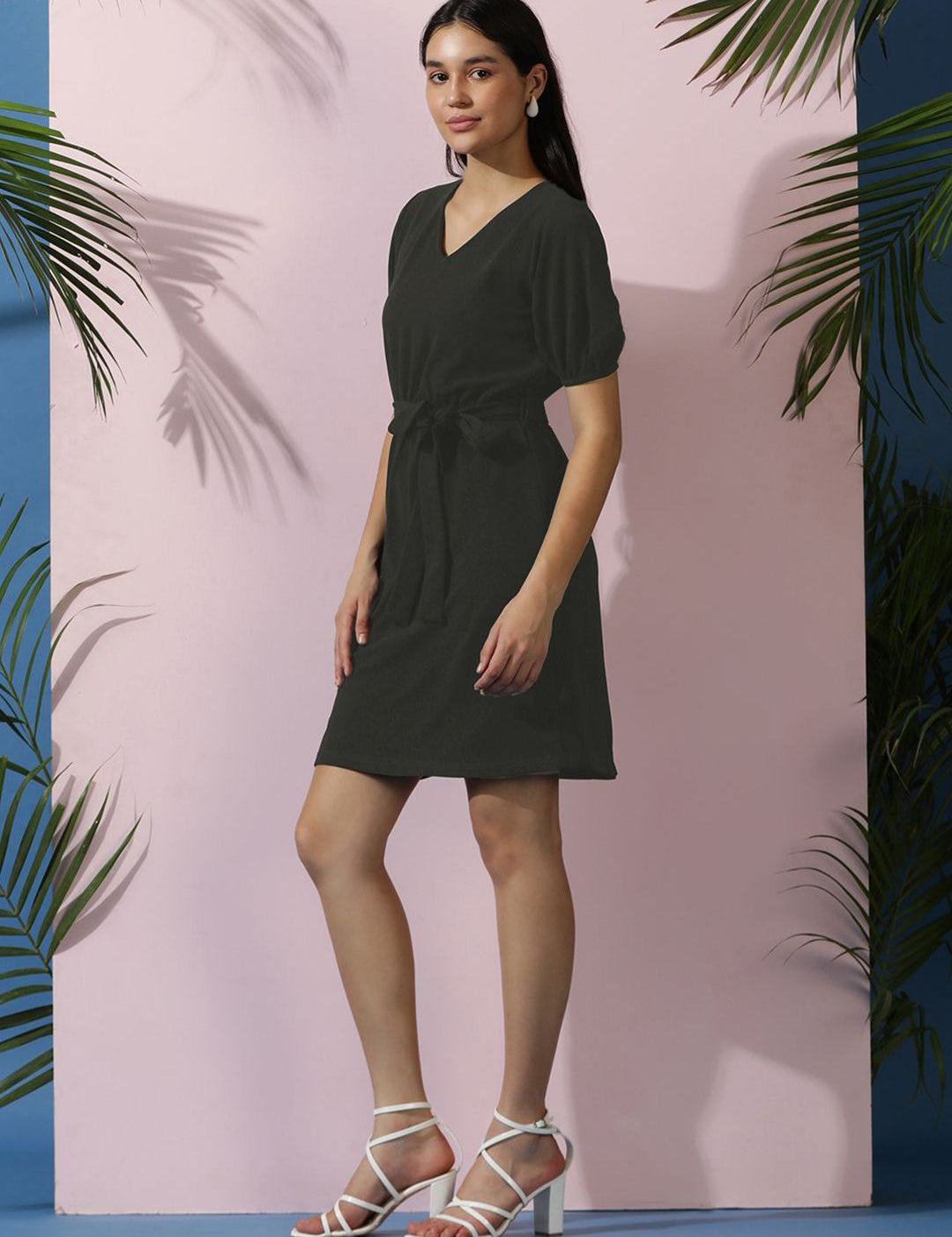 Kotty Women Solid Puff Sleeve A-Line Dress