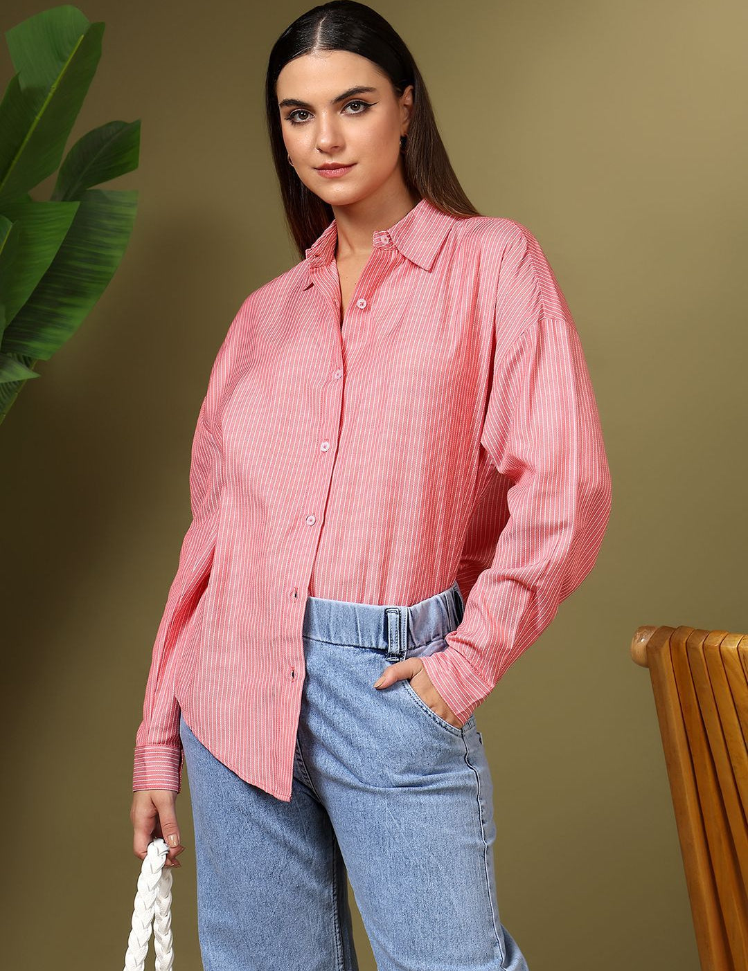 Kotty Women Relaxed Fit Spread Collar Vertical Striped Cotton Casual Shirt