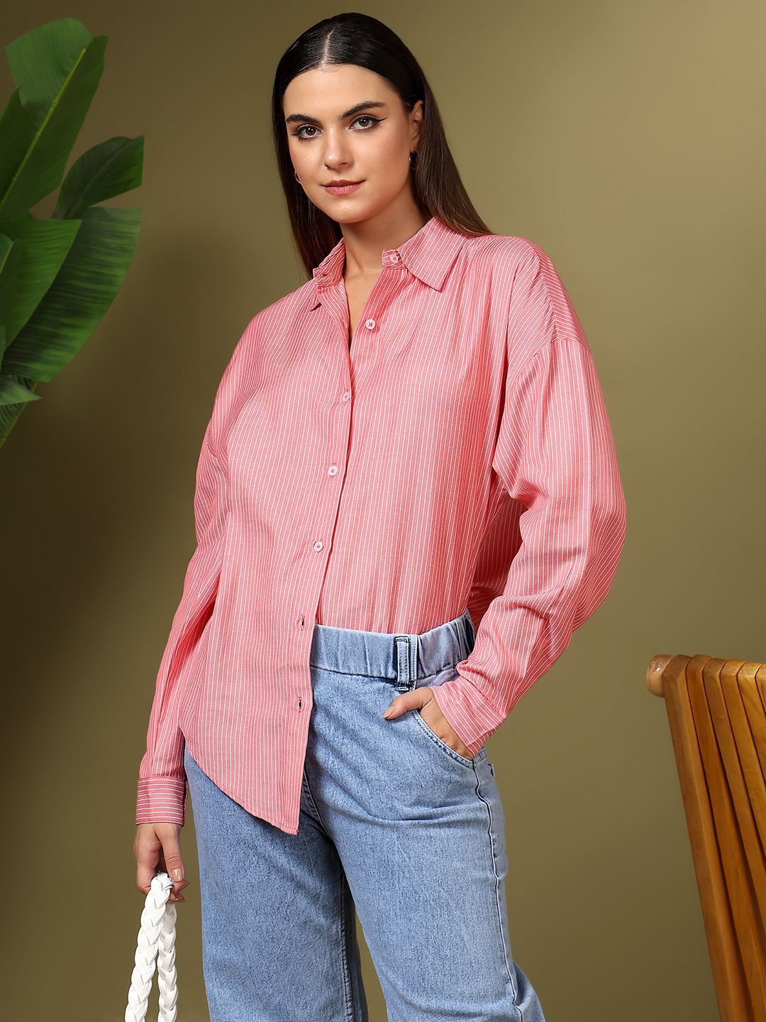 Kotty Women Relaxed Fit Spread Collar Vertical Striped Cotton Casual Shirt