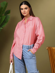 Kotty Women Relaxed Fit Spread Collar Vertical Striped Cotton Casual Shirt