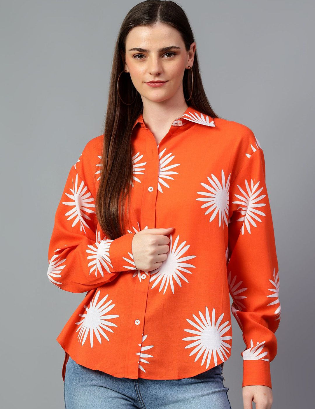 Kotty Women Comfort Spread Collar Graphic Printed Cotton Oversized Casual Shirt