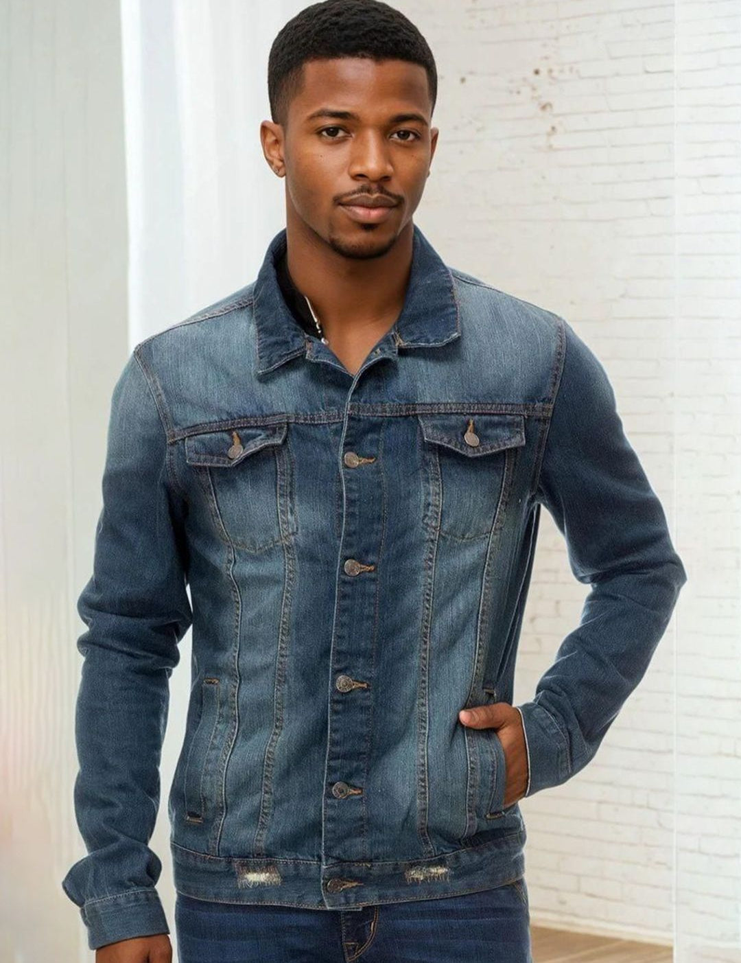 Kotty Men Spread Collar Solid Denim Jacket