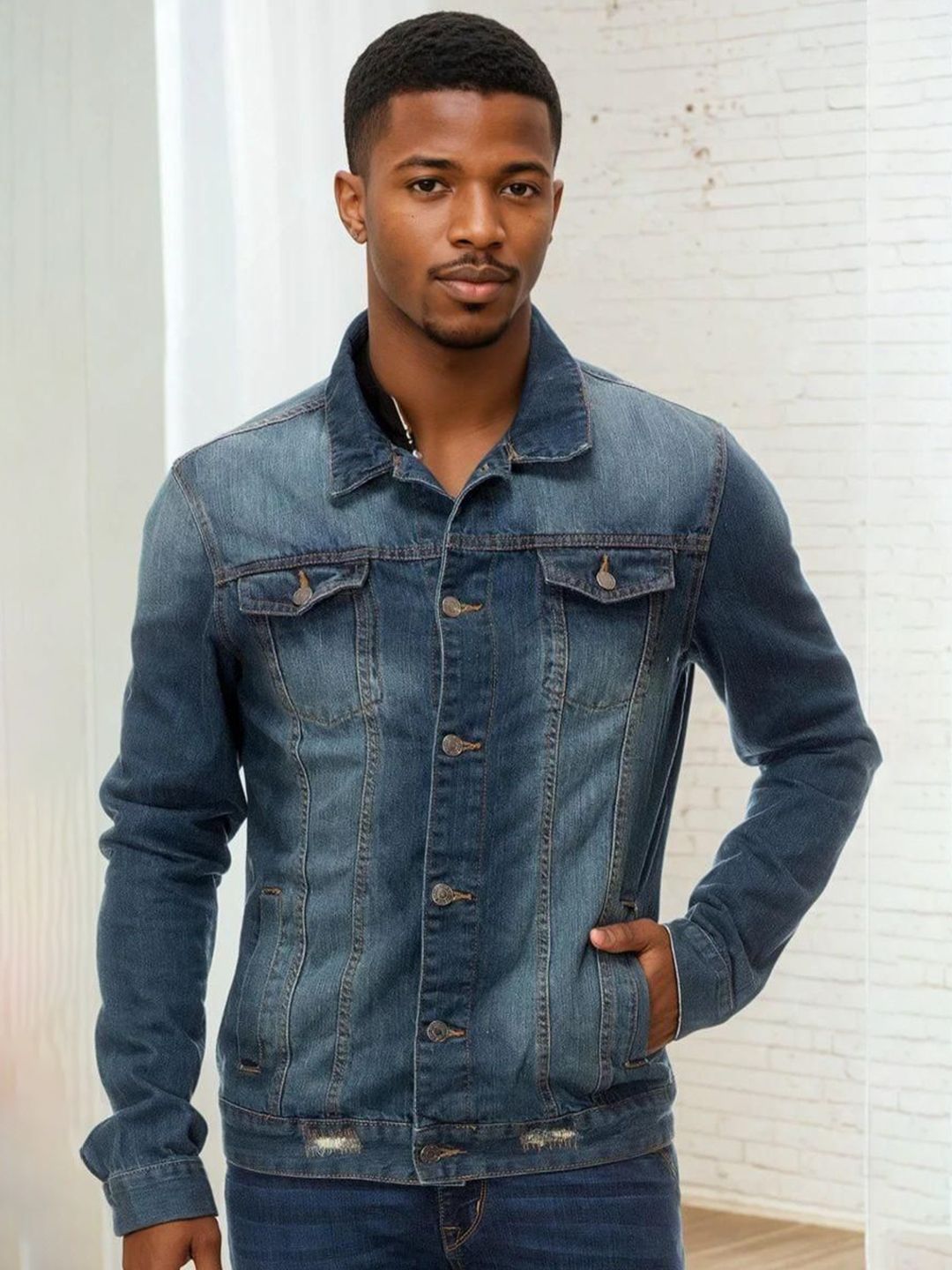 Kotty Men Spread Collar Solid Denim Jacket