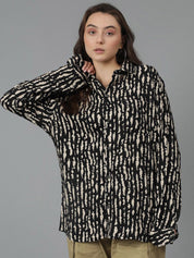 Kotty Women Spread Collar Abstract Printed Cotton Oversized Casual Shirt