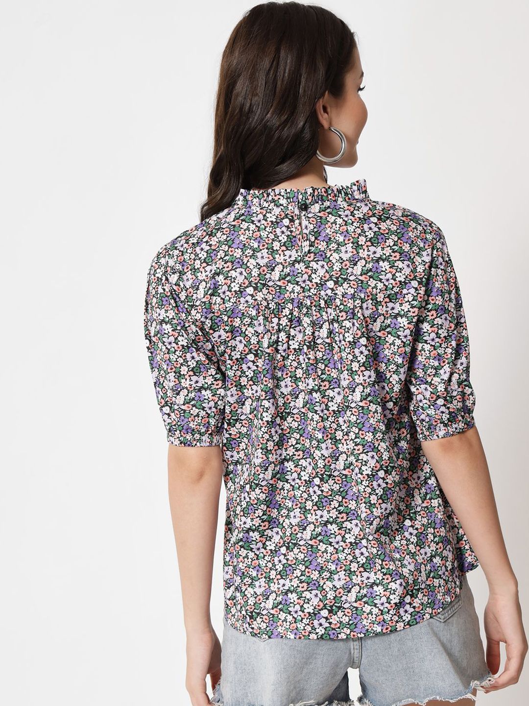 Kotty Women Floral Print Puff Sleeve Crepe Top