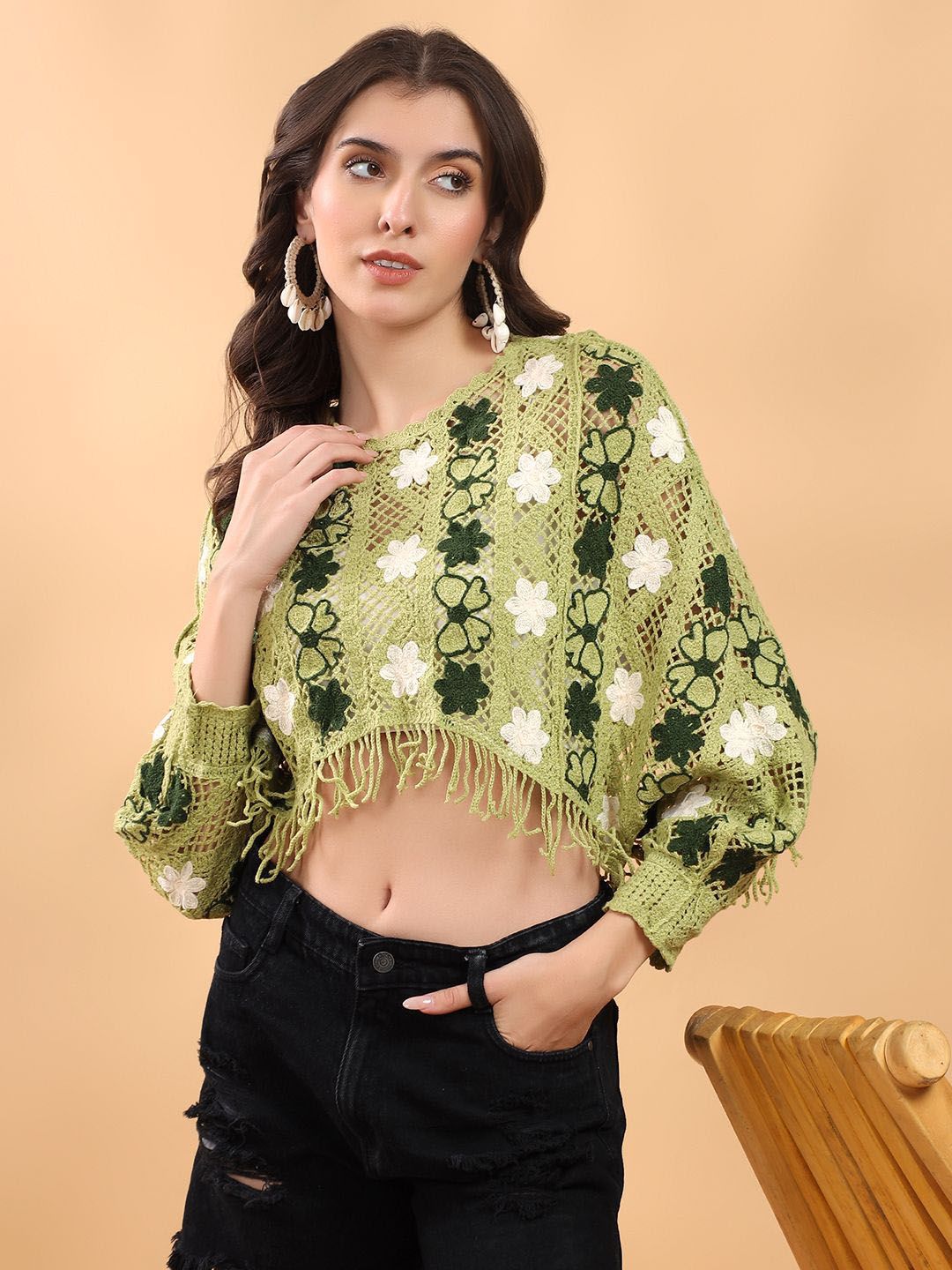 Kotty Women Crochet Floral Fringe Top
