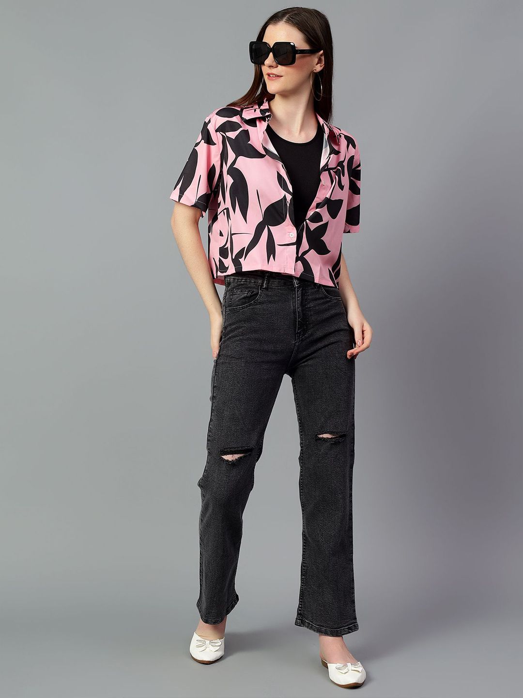 Kotty Women Comfort Spread Collar Floral Printed Crepe Oversized Casual Shirt