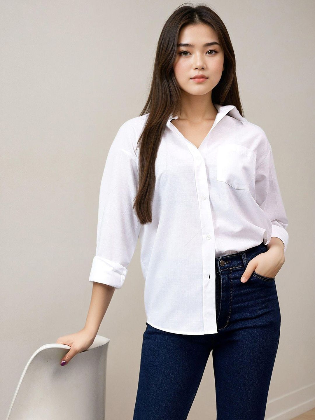 Kotty Women Spread Collar Solid Cotton Relaxed Fit Casual Shirt