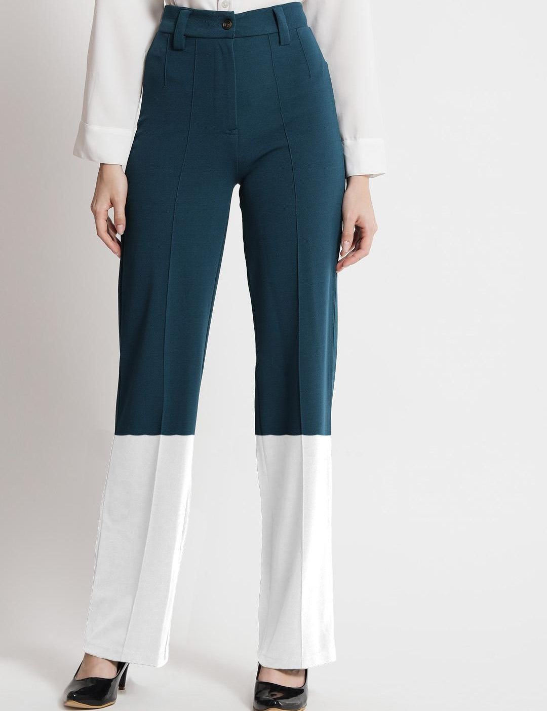 Kotty Women Colourblocked High-Rise Straight Fit Easy Wash Regular Trousers