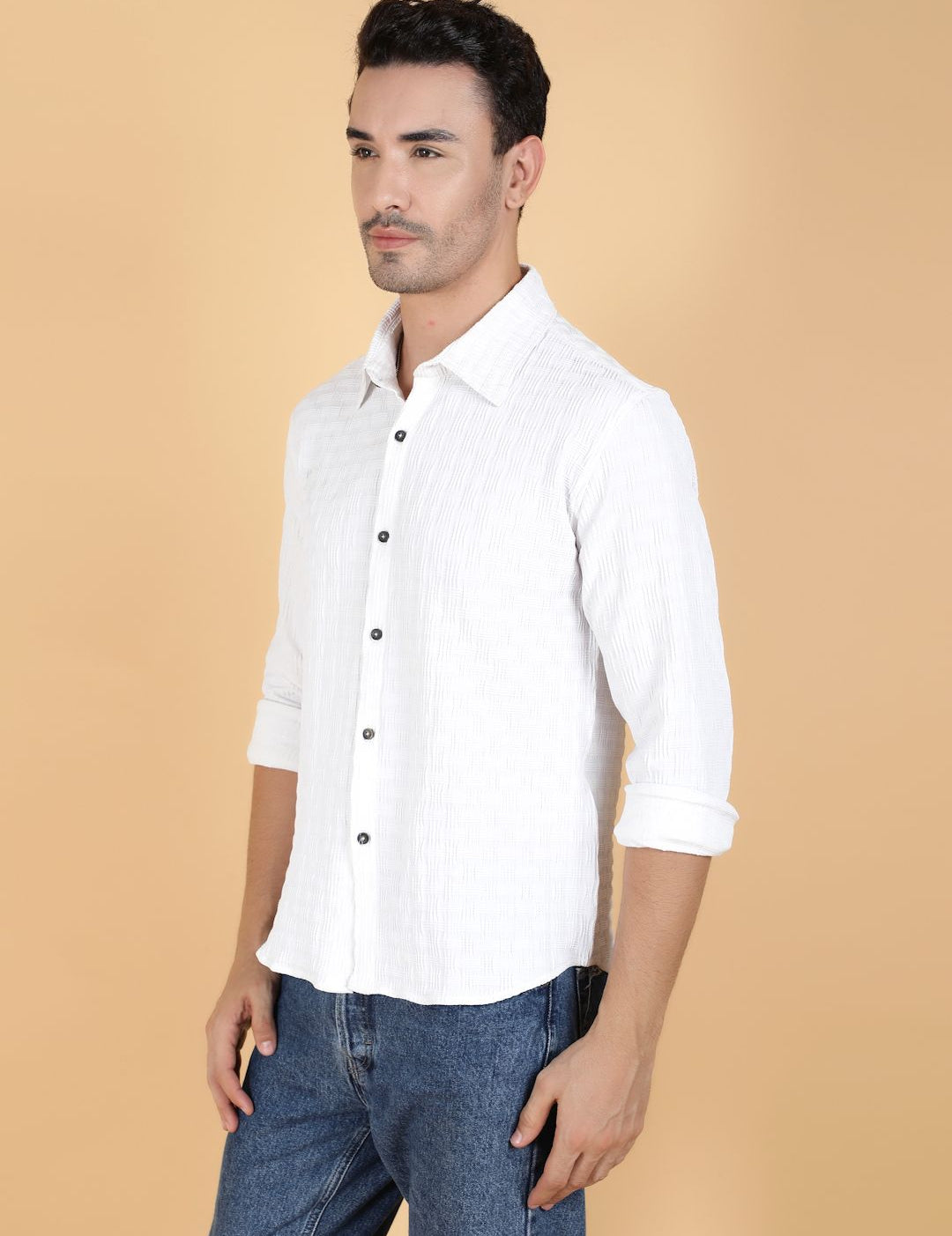 Kotty Men Relaxed Spread Collar Textured Cotton Casual Shirt