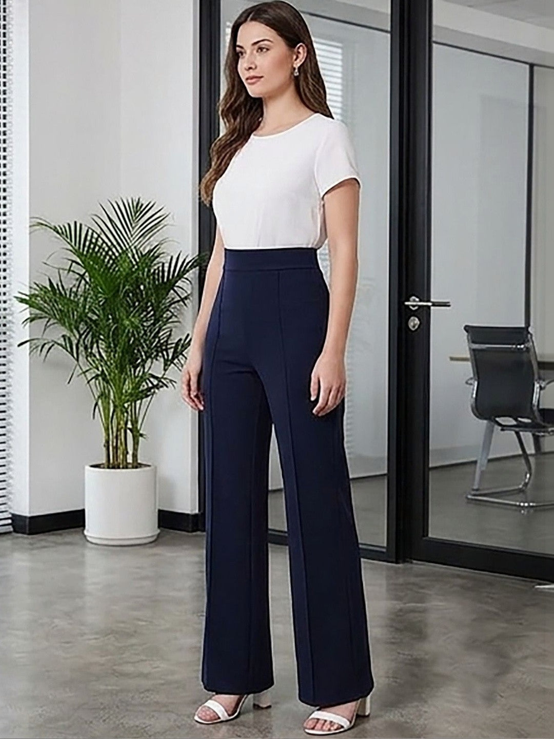 Navy Blue Regular Fit High-Rise Trousers for Women | Kotty