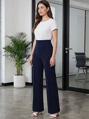 Navy Blue Regular Fit High-Rise Trousers for Women | Kotty