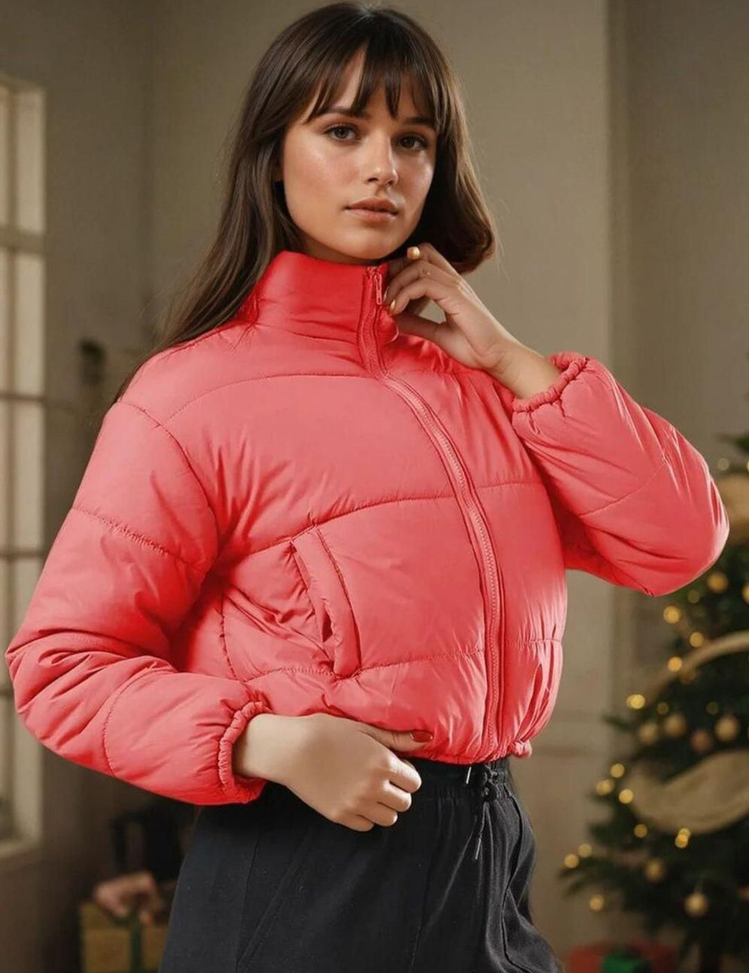Kotty Women Stand Collar Solid Lightweight Puffer Jacket