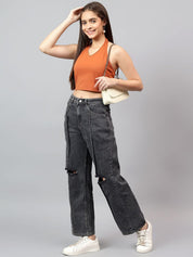 Kotty Women Straight Fit High-Rise Low Distress Cotton Stretchable Jeans