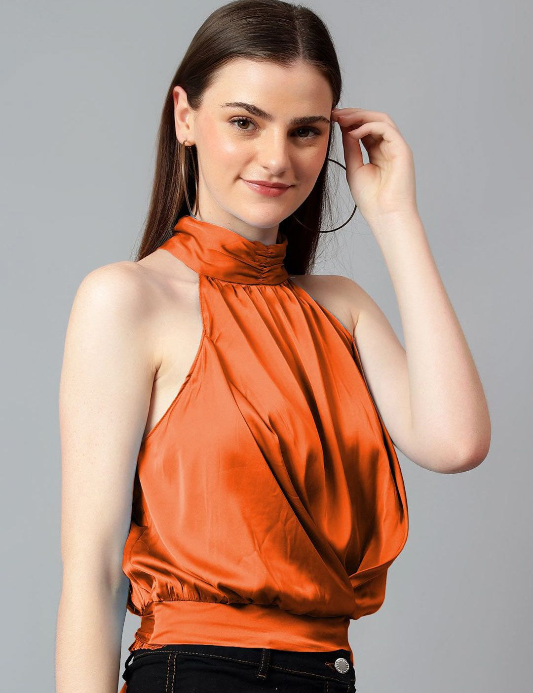 Kotty Women Solid Halter Neck Satin Top