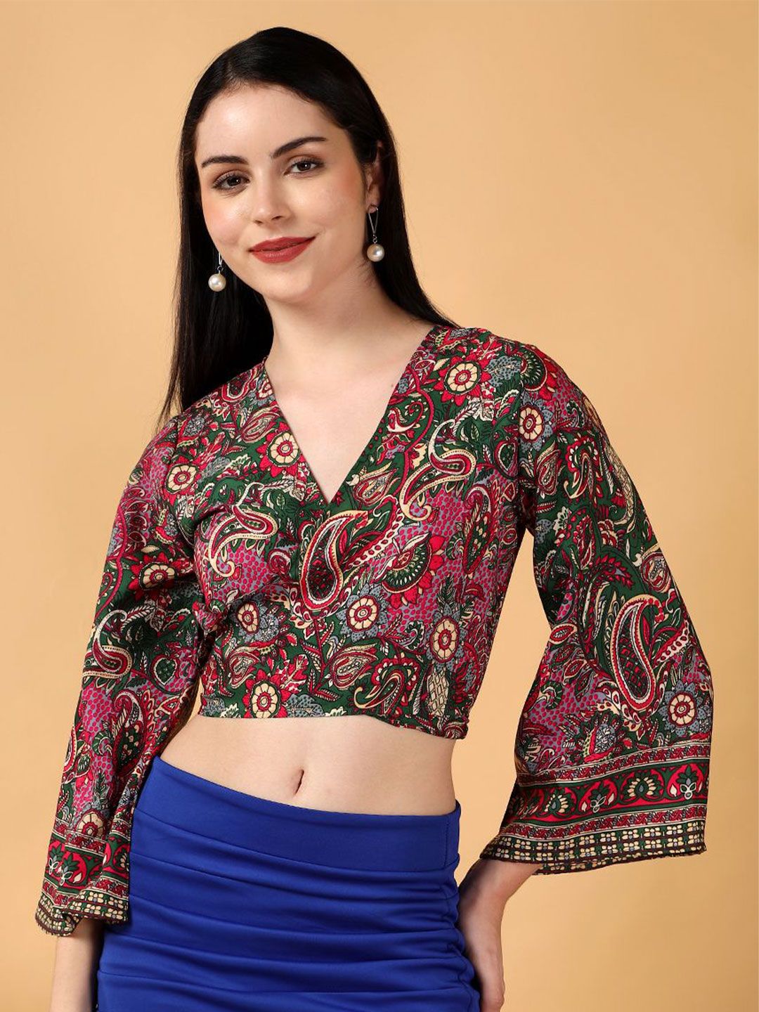Kotty Floral Print Bell Sleeve Crepe Wrap Crop Top
