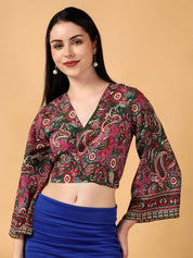 Kotty Floral Print Bell Sleeve Crepe Wrap Crop Top