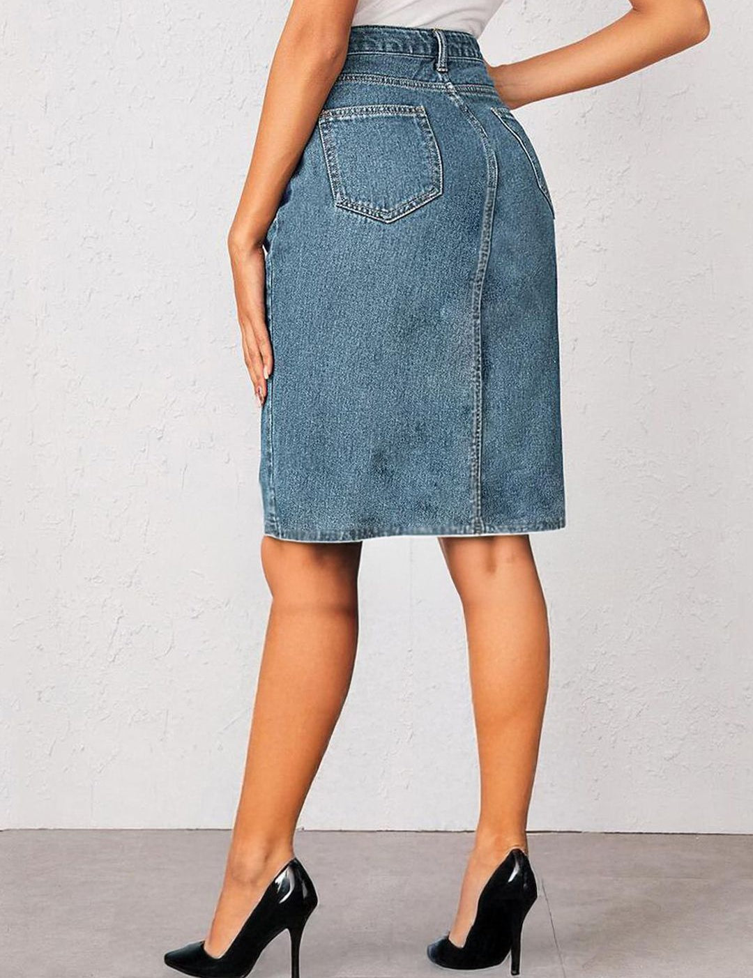 Kotty  Women Solid Denim Pencil Knee-Length Skirt
